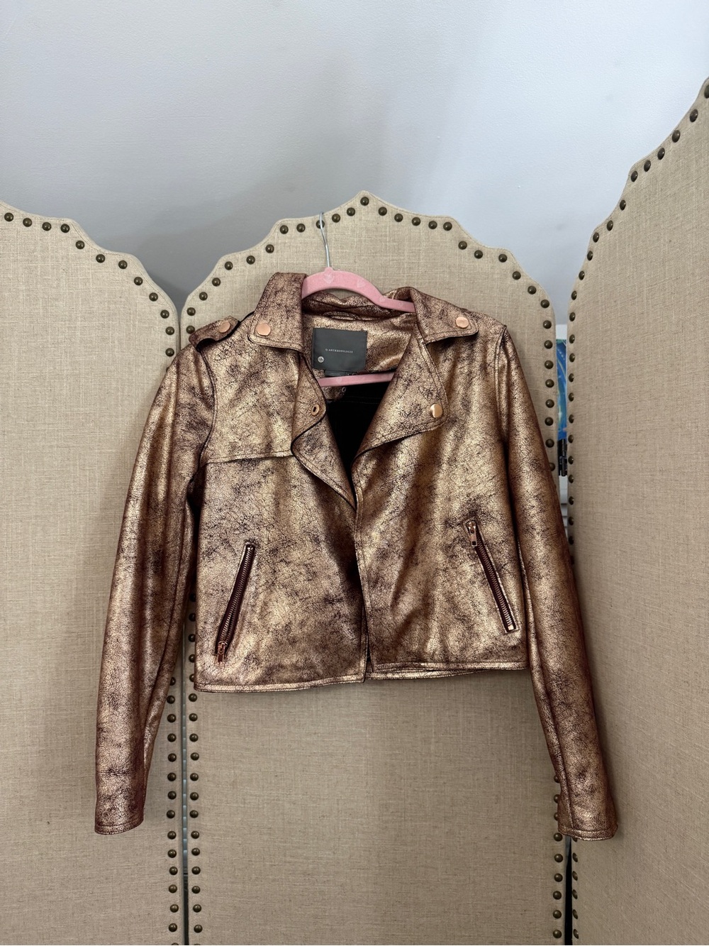 Anthropologie Metallic Bronze Cropped Moto Jacket